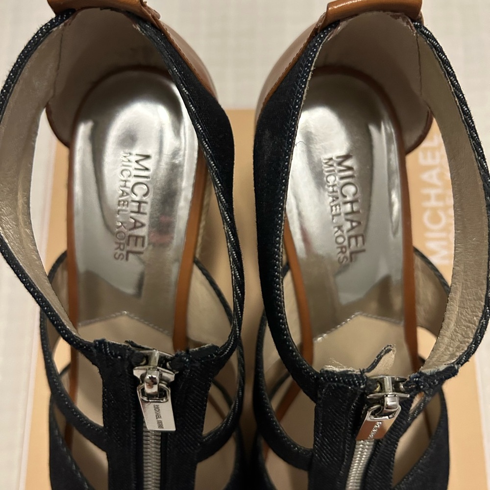 Michael Kors Tan and Navy Denim Wedge Sandals - Picture 5 of 6